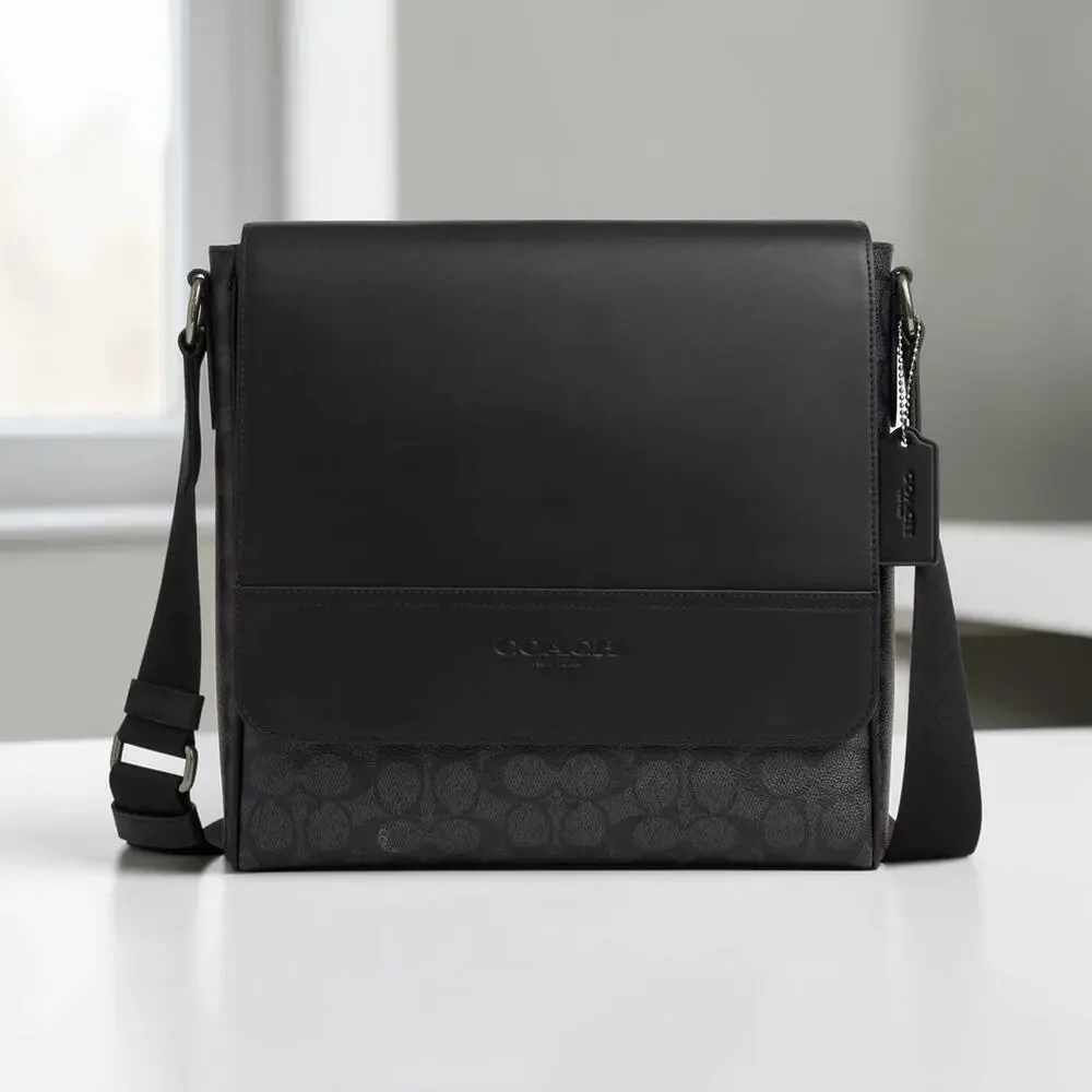 Coach NWT Houston Map Bag Signature Canvas Charcoal Black Messenger CZ399 Men